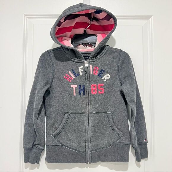 Tommy Hilfiger Girls' Zip Up Hoodie Heather Gray Pink Stripes Sz. Small (6-7) - Picture 1 of 9